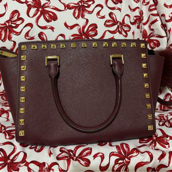 Michael Kors Burgundy Studded Women's Bag and Michael kors keychain - Picture 2 of 4
